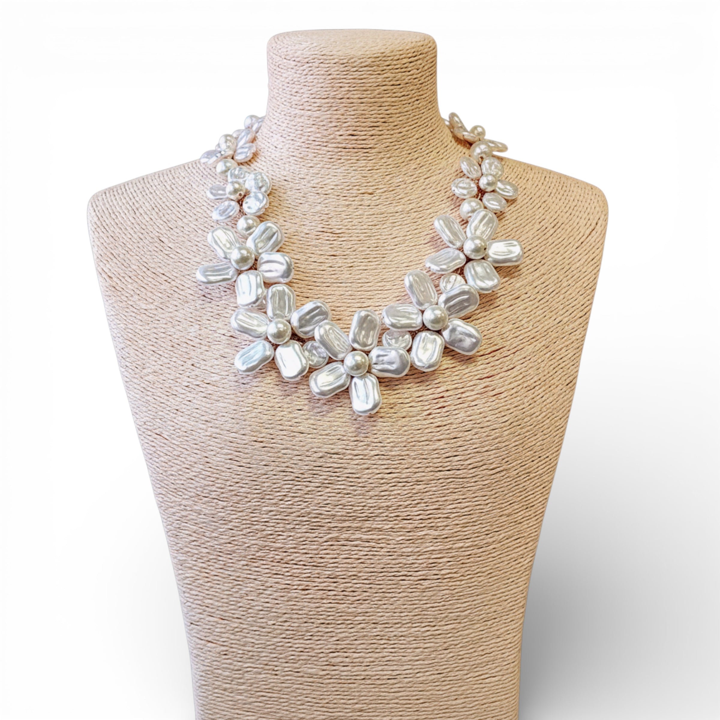 Coastal Chunky Pearl Flower Collar Necklace