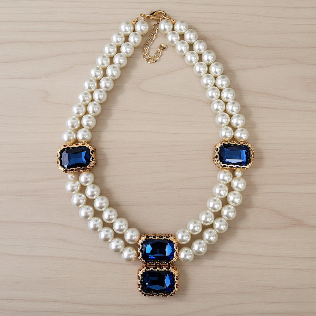 Pearl and Blue Jewel Tone Station Necklace