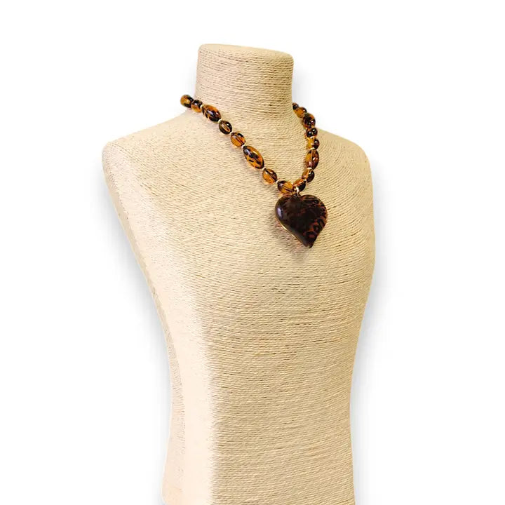 Beaded Tortoise Shell Puffy Heart Necklace
