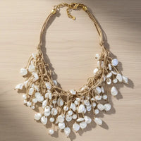Coastal Pearl Fringe Bib Necklace on Double Knotted Leather