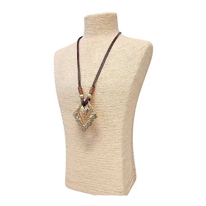 Vintage Gold Sculpted Pendant Necklace on Mocha Brown Leather Cord