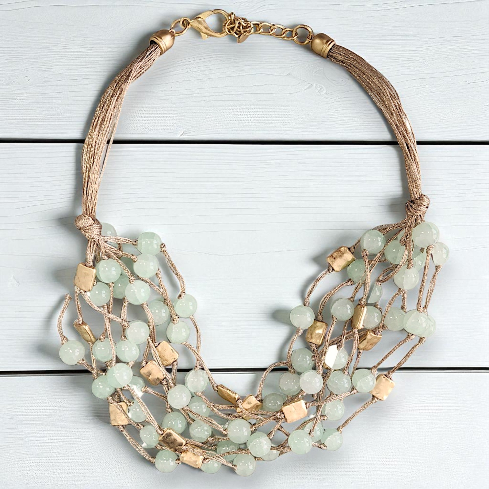 Chunky Jade Green Beaded Multi Strand Necklace