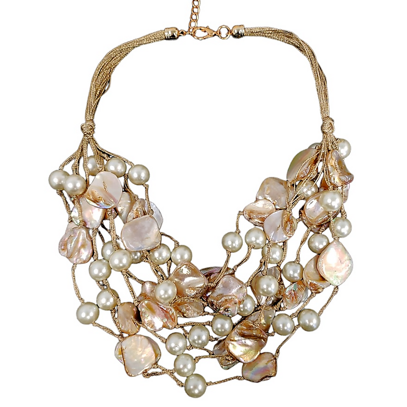 Chunky Golden Pearl and Seashell Multi Strand Necklace