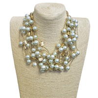 White Pearl & Gold Multi Strand Metallic Silk Necklace