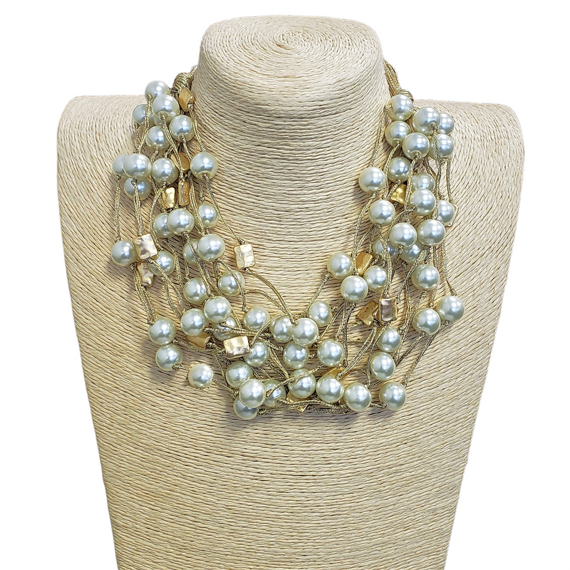 White Pearl & Gold Multi Strand Metallic Silk Necklace