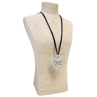 Chunky Silver Sculpted Heart Pendant Necklace on Black Leather Cord