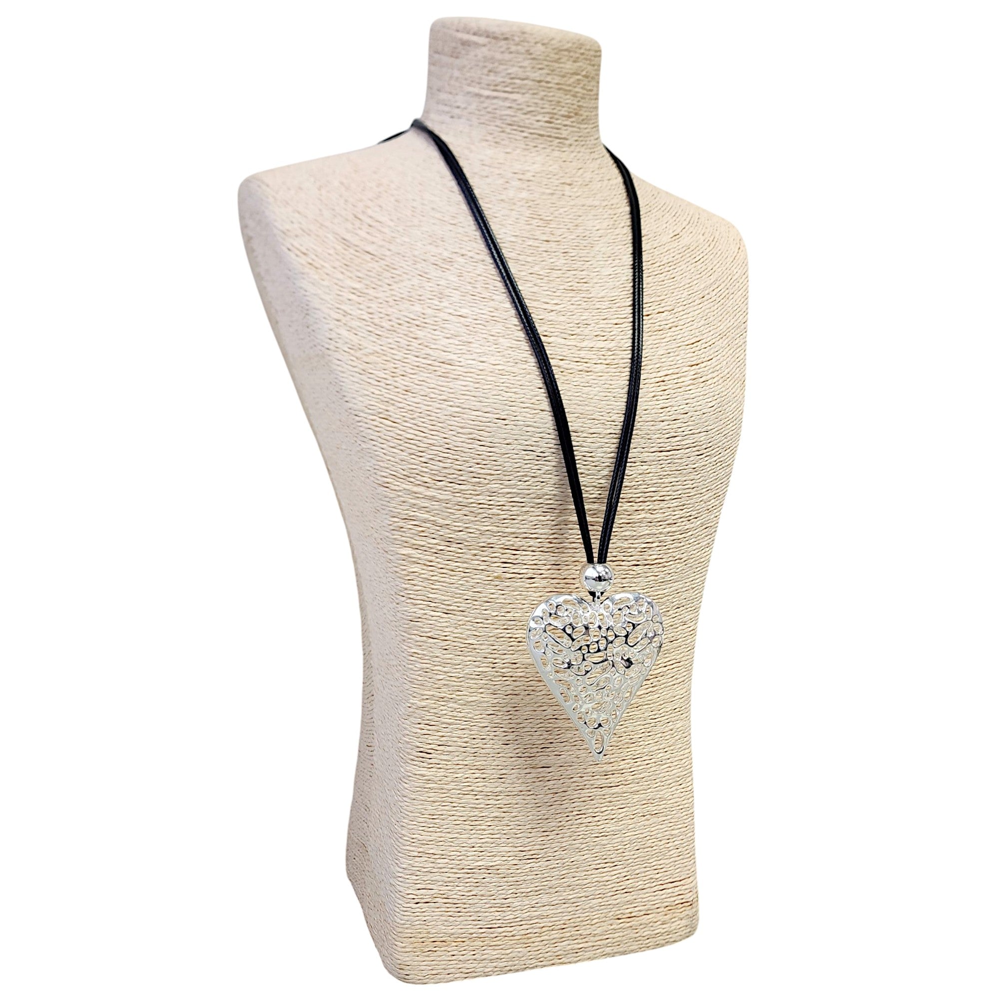 Chunky Silver Sculpted Heart Pendant Necklace on Black Leather Cord