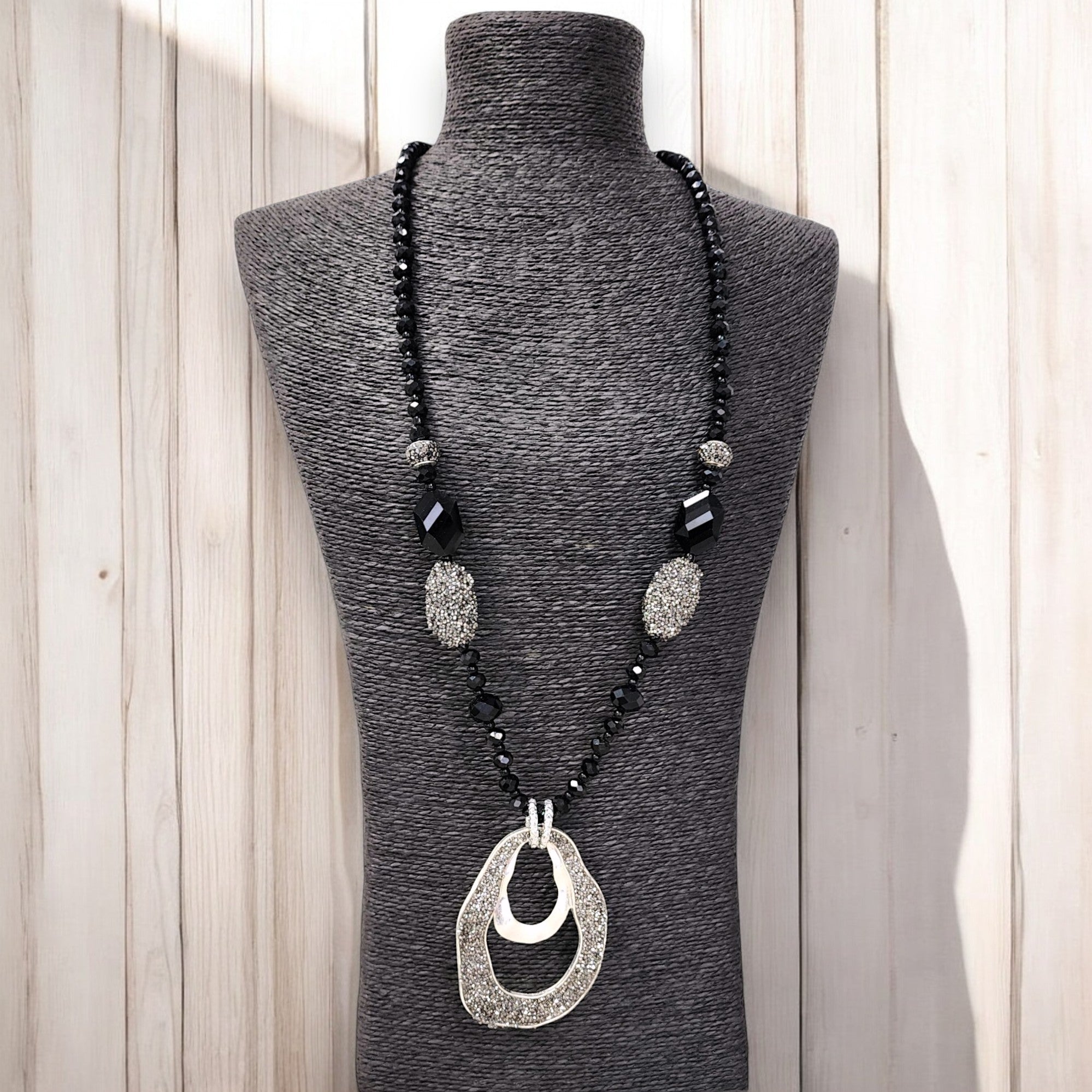 Pendant Necklace | Silver Rhinestone | Gunmetal | Long