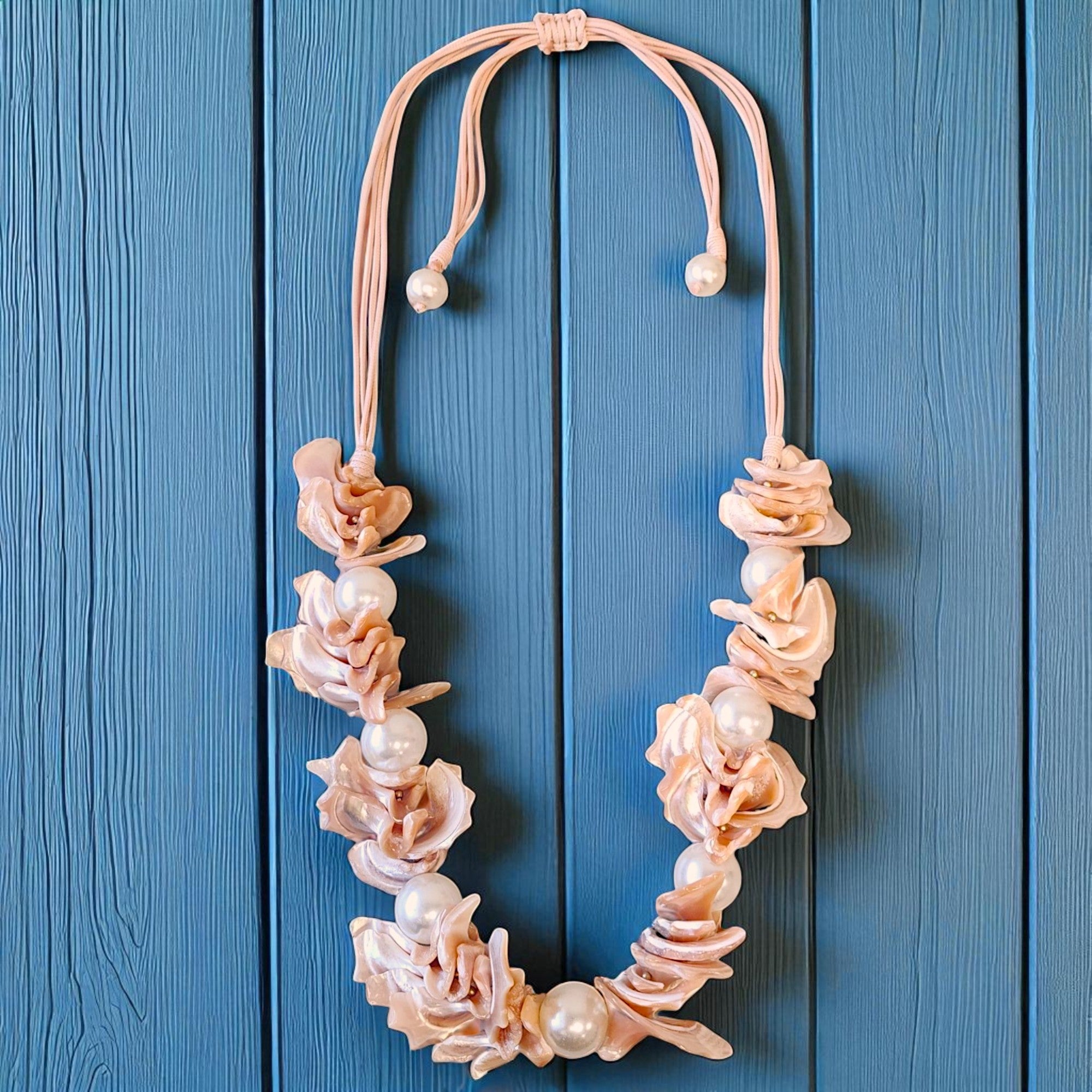 Long Seashell & Pearl Necklace | Coastal Boho | Mocha Mousse