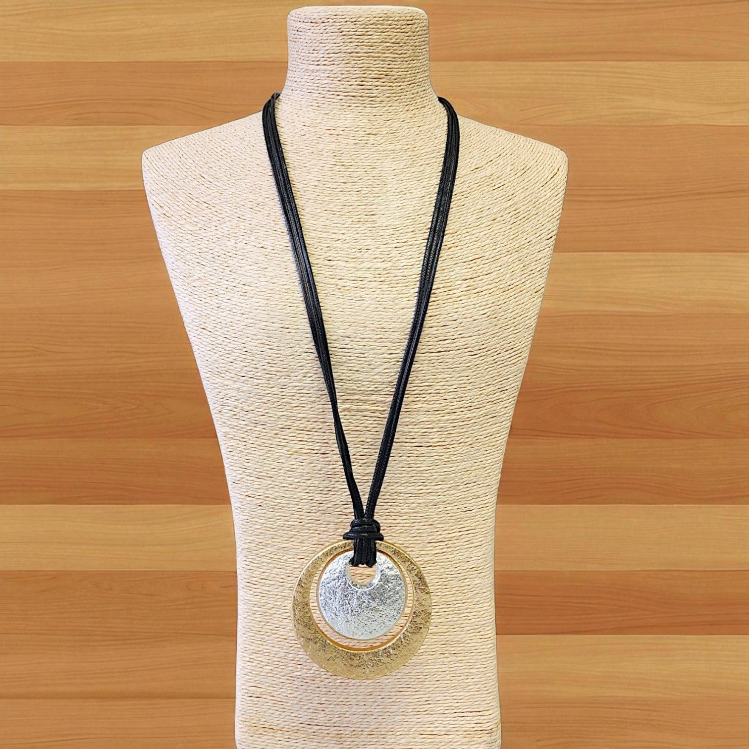 Vintage Two Tone Sculpted Pendant Necklace on Black Leather Cord