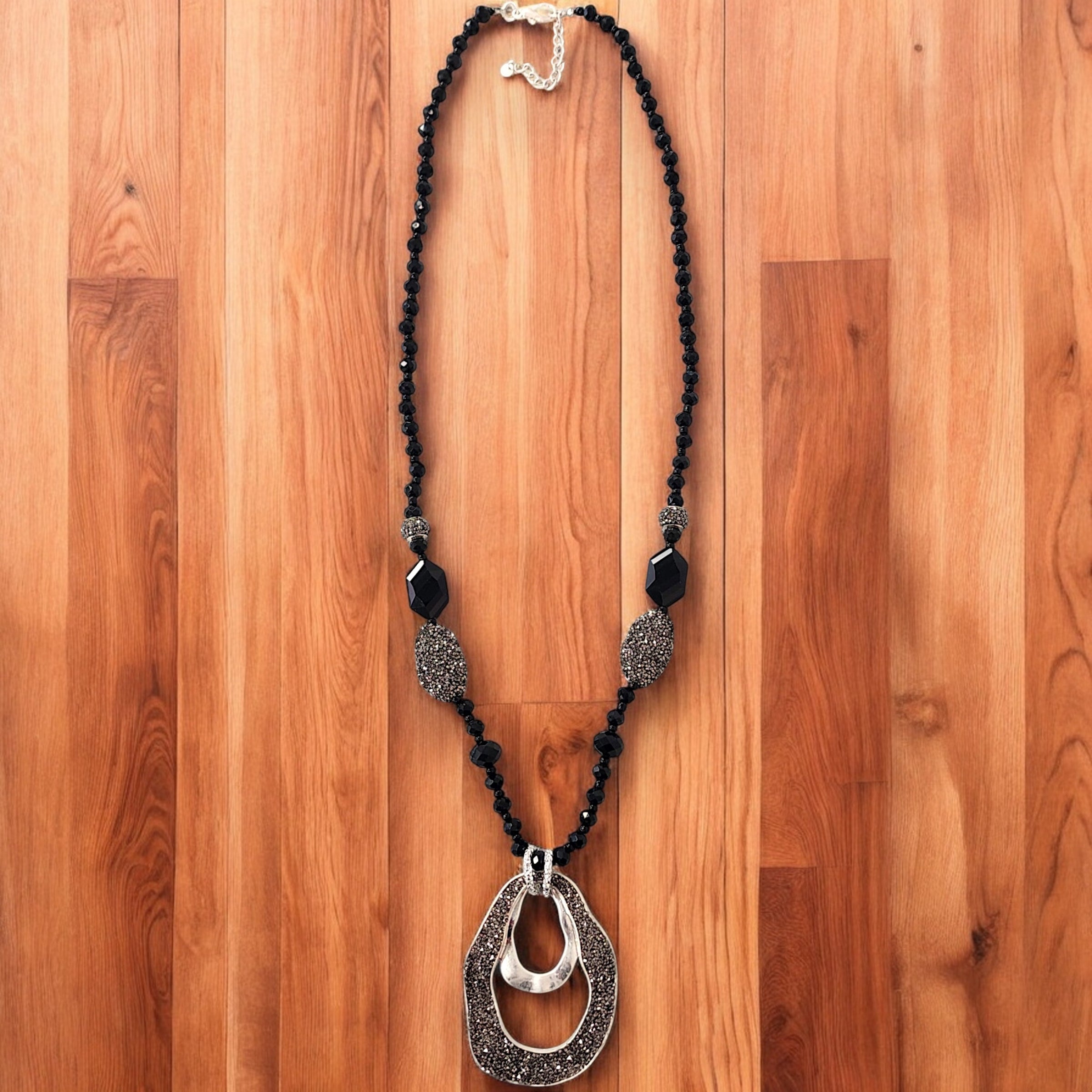 Pendant Necklace | Silver Rhinestone | Gunmetal | Long