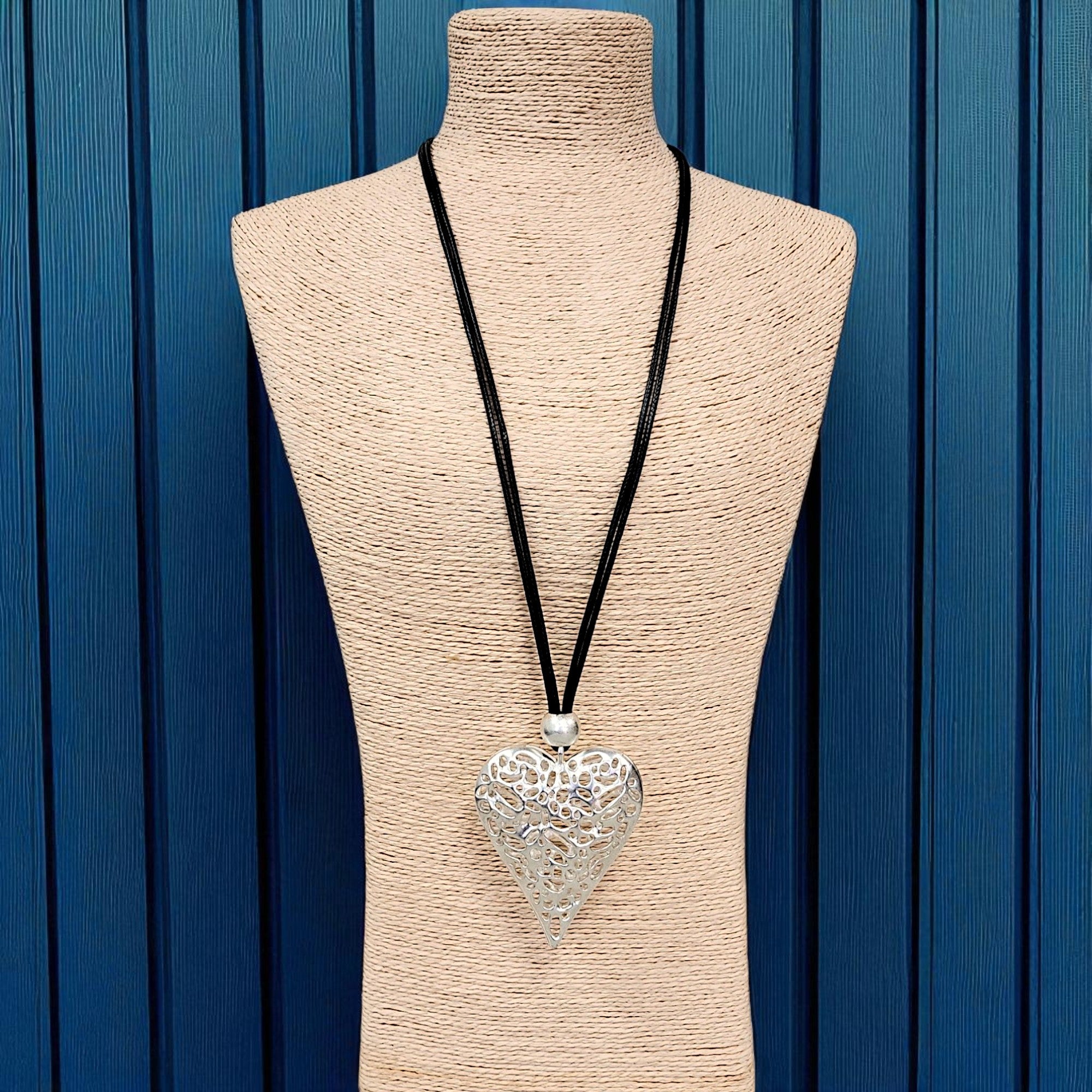 Chunky Silver Sculpted Heart Pendant Necklace on Black Leather Cord
