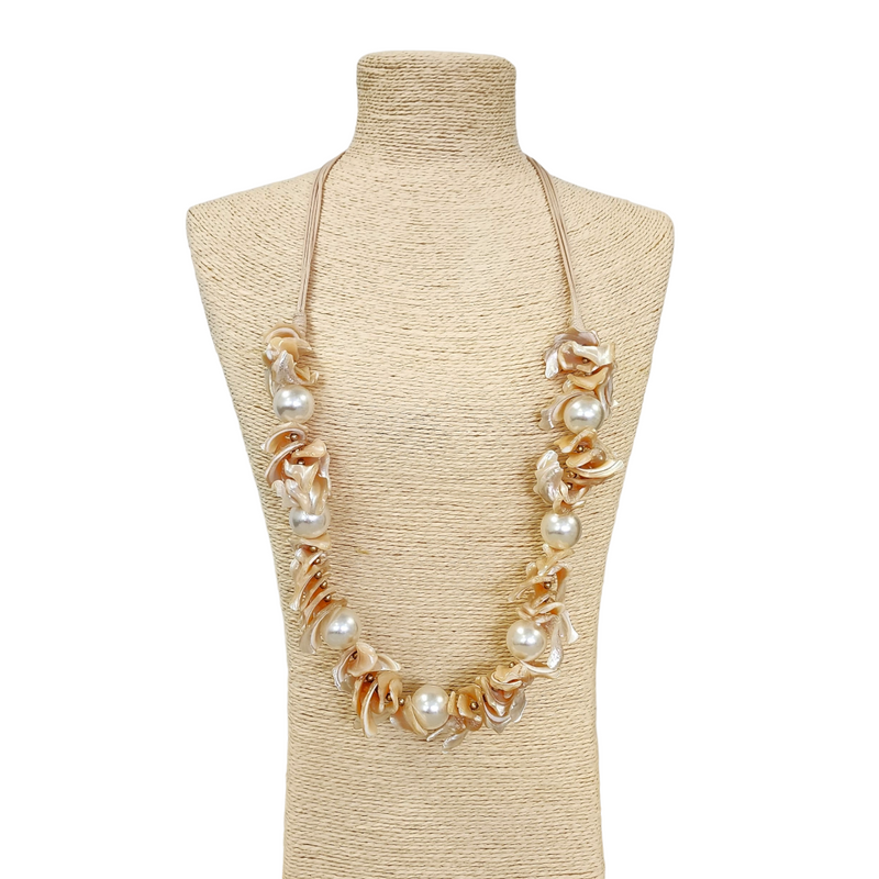 Long Seashell & Pearl Necklace | Coastal Boho | Mocha Mousse