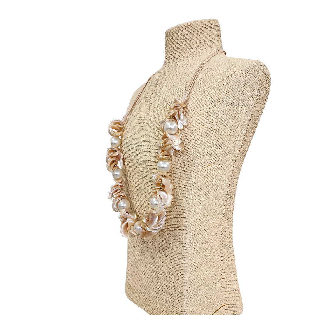 Long Seashell & Pearl Necklace | Coastal Boho | Mocha Mousse