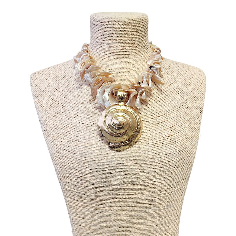 Chunky Mocha Seashell Necklace w/ Oversize Gold Shell Pendant