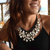 Coastal Pearl Fringe Bib Necklace on Black Leather Cord
