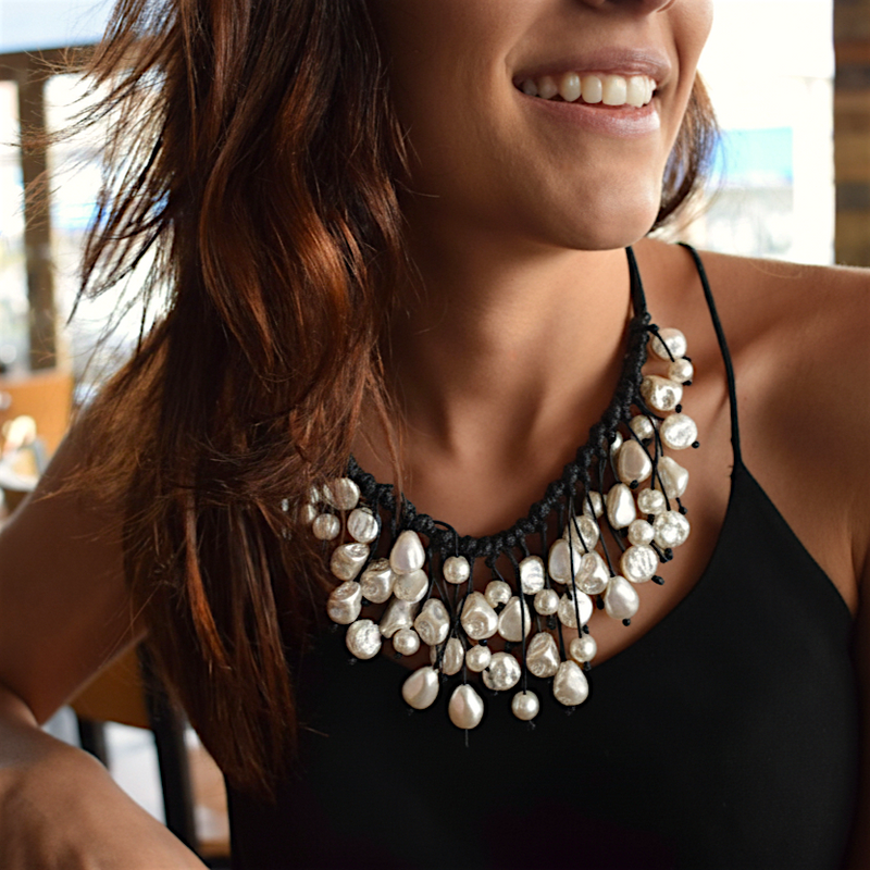Coastal Pearl Fringe Bib Necklace on Black Leather Cord