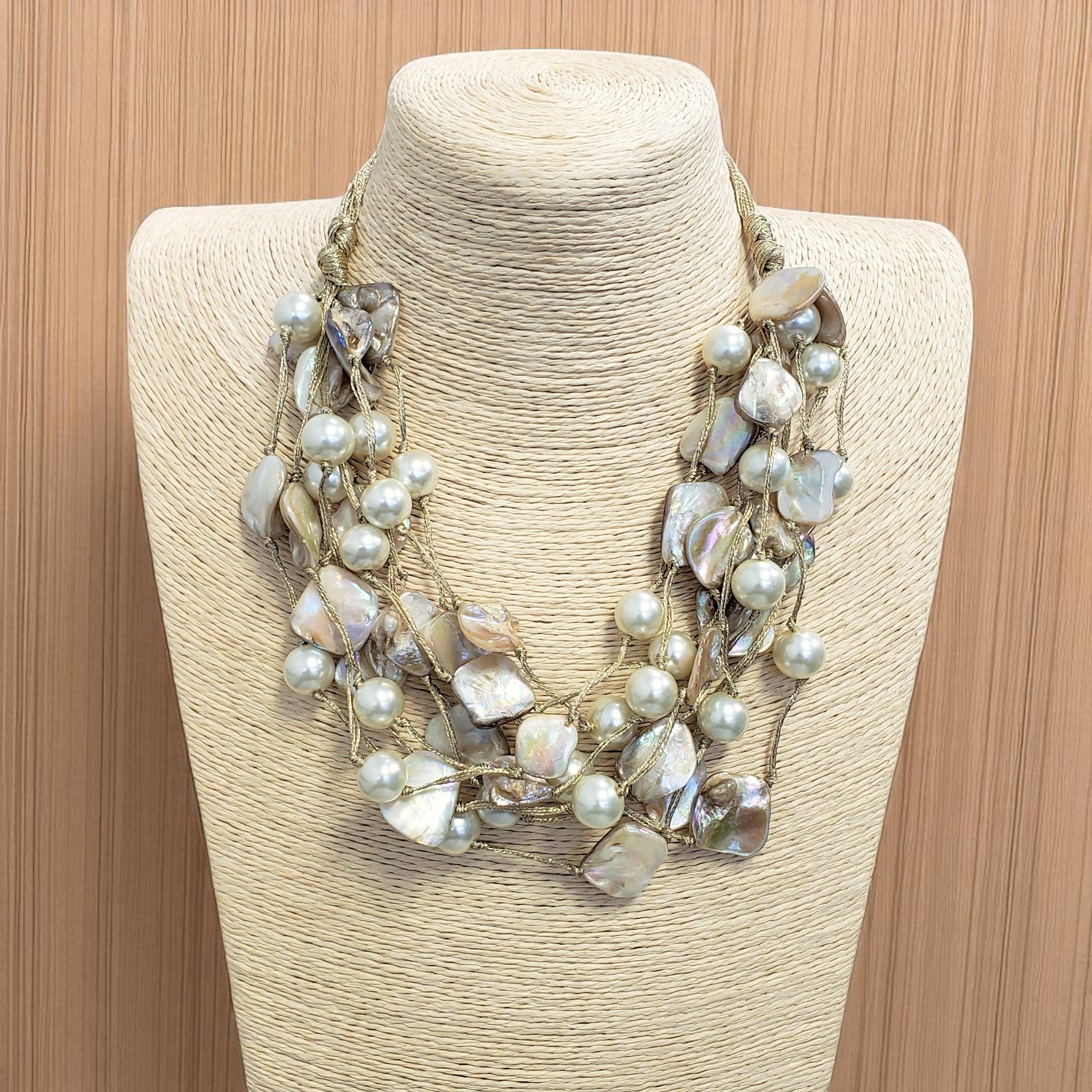 Chunky Golden Pearl and Seashell Multi Strand Necklace