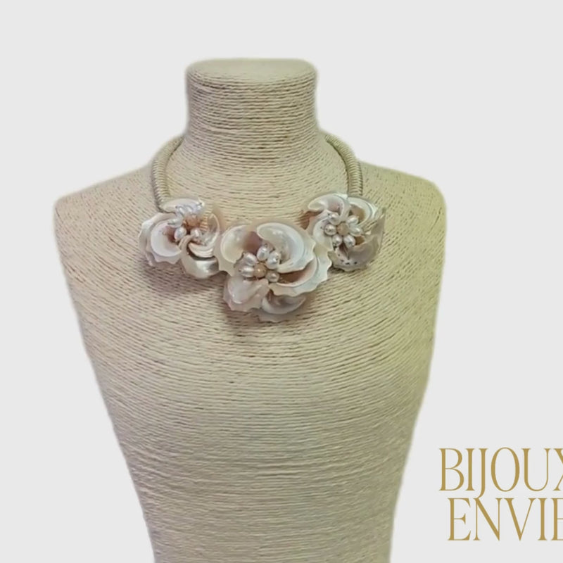Seashell Flower Necklace | Coastal | Floral Jewelry | Beach | Mocha | Short Collar