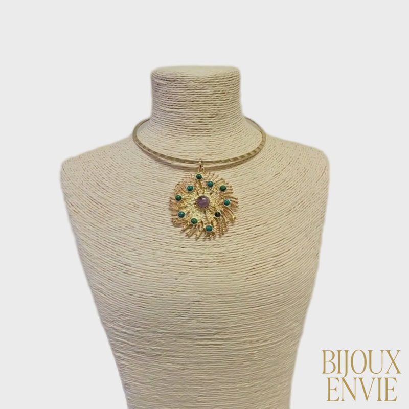 Sculpted Golden Sun Pendant Collar w/ Jewel Tone Accents