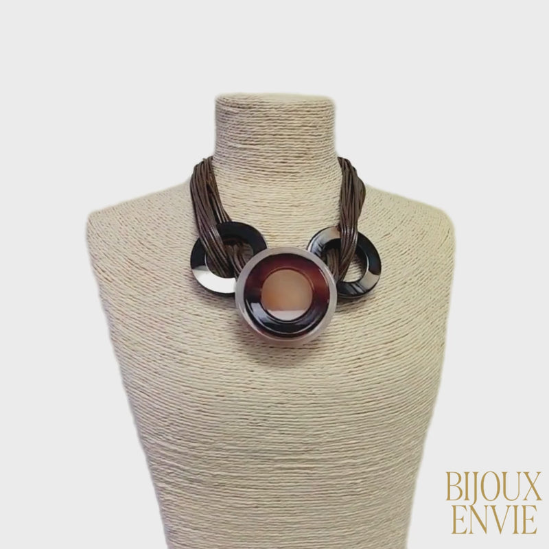 Multi Strand Tortoise Shell Necklace on Mocha Brown Leather Cord