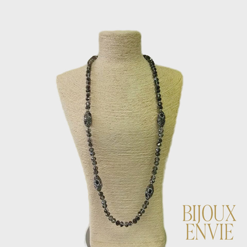 Long Smokey Beaded Pavé Station Necklace