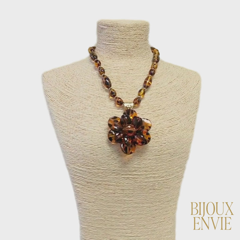 Chunky Tortoise Shell Bead Flower Statement Necklace