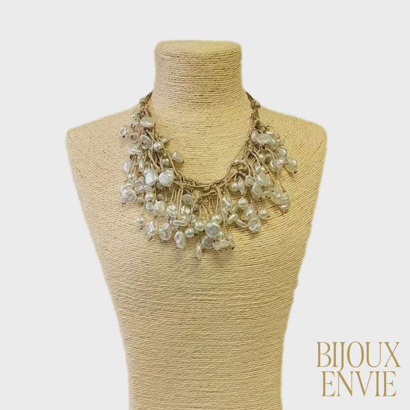 Coastal Pearl Fringe Bib Necklace on Double Knotted Leather