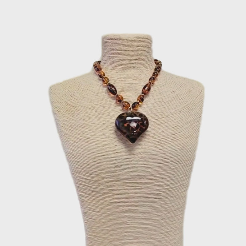Beaded Tortoise Shell Puffy Heart Necklace