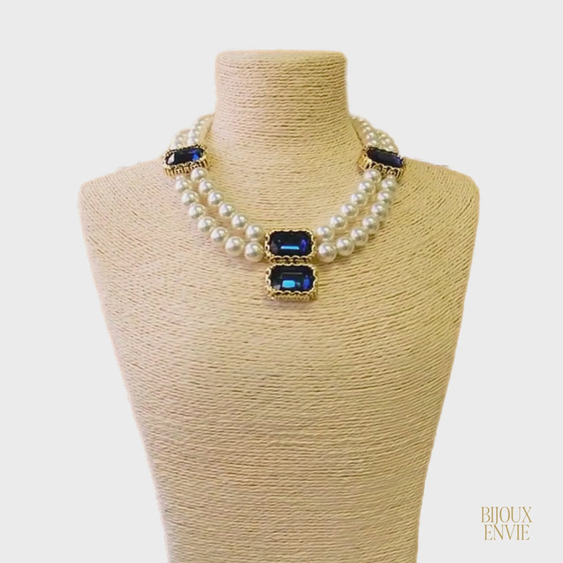 Pearl and Blue Jewel Tone Station Necklace