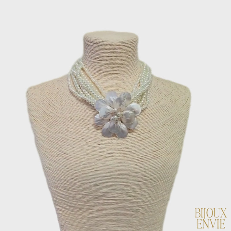 Beaded Mother of Pearl Flower Pendant Necklace | Coastal Boho | Statement Jewelry