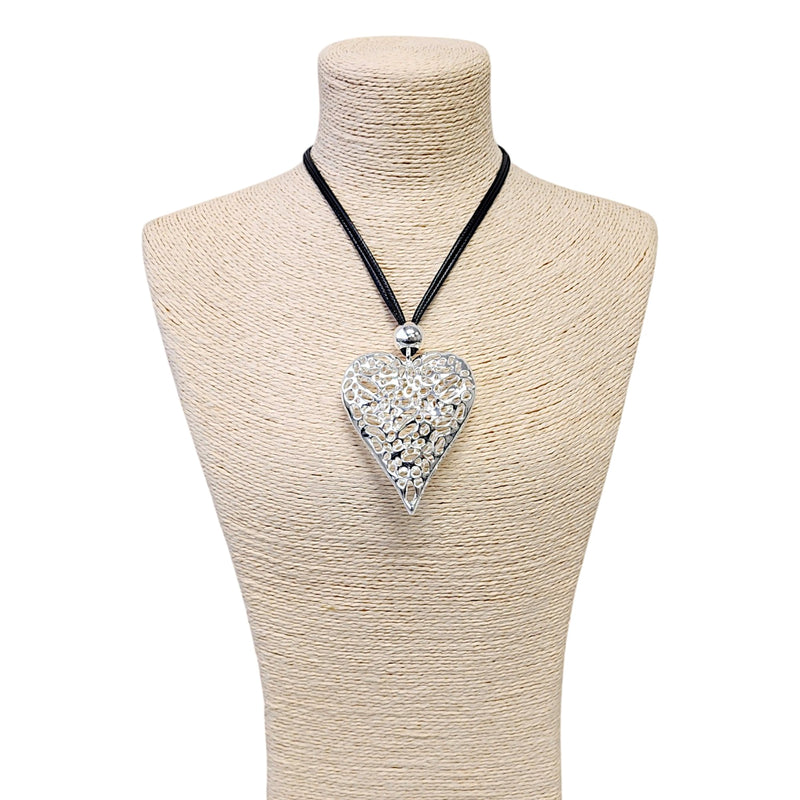 Chunky Silver Sculpted Heart Pendant Necklace on Black Leather Cord