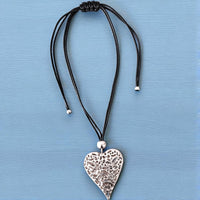 Chunky Silver Sculpted Heart Pendant Necklace on Black Leather Cord