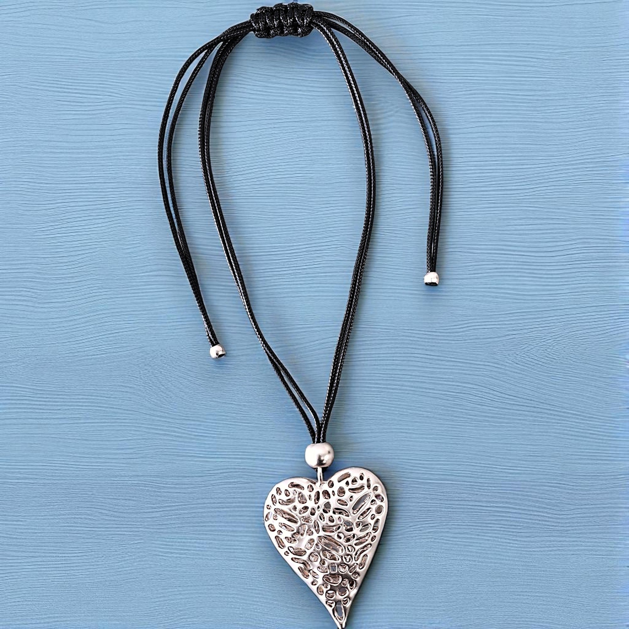 Chunky Silver Sculpted Heart Pendant Necklace on Black Leather Cord