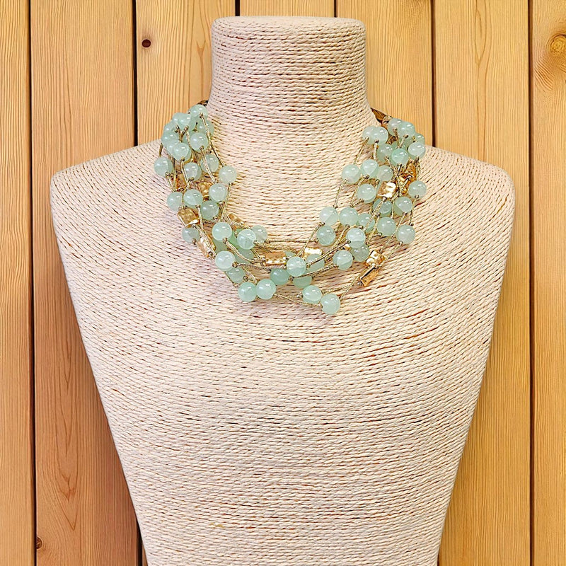 Chunky Jade Green Beaded Multi Strand Necklace