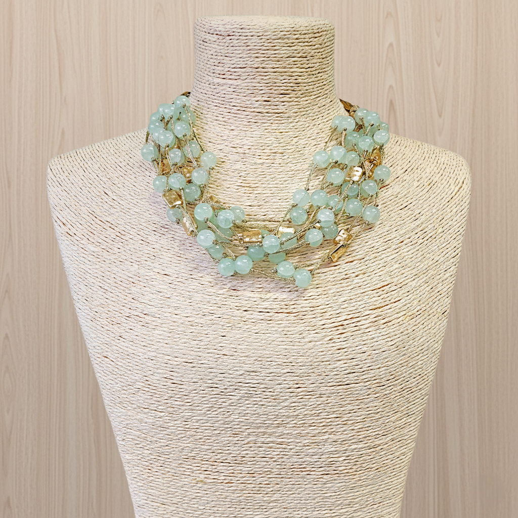 Chunky Jade Green Beaded Multi Strand Necklace