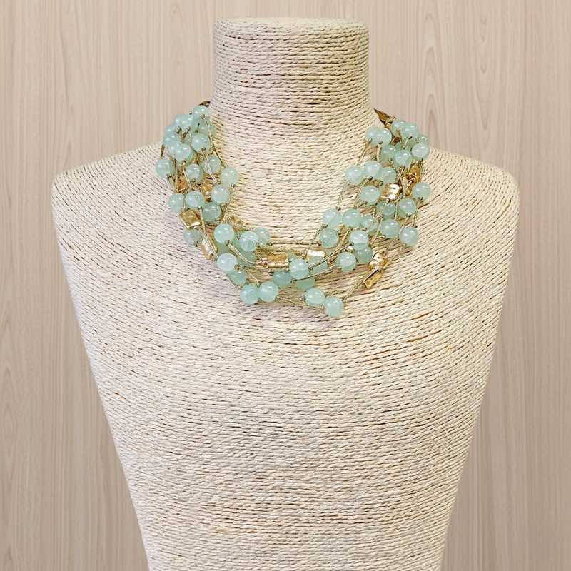 Chunky Jade Green Beaded Multi Strand Necklace