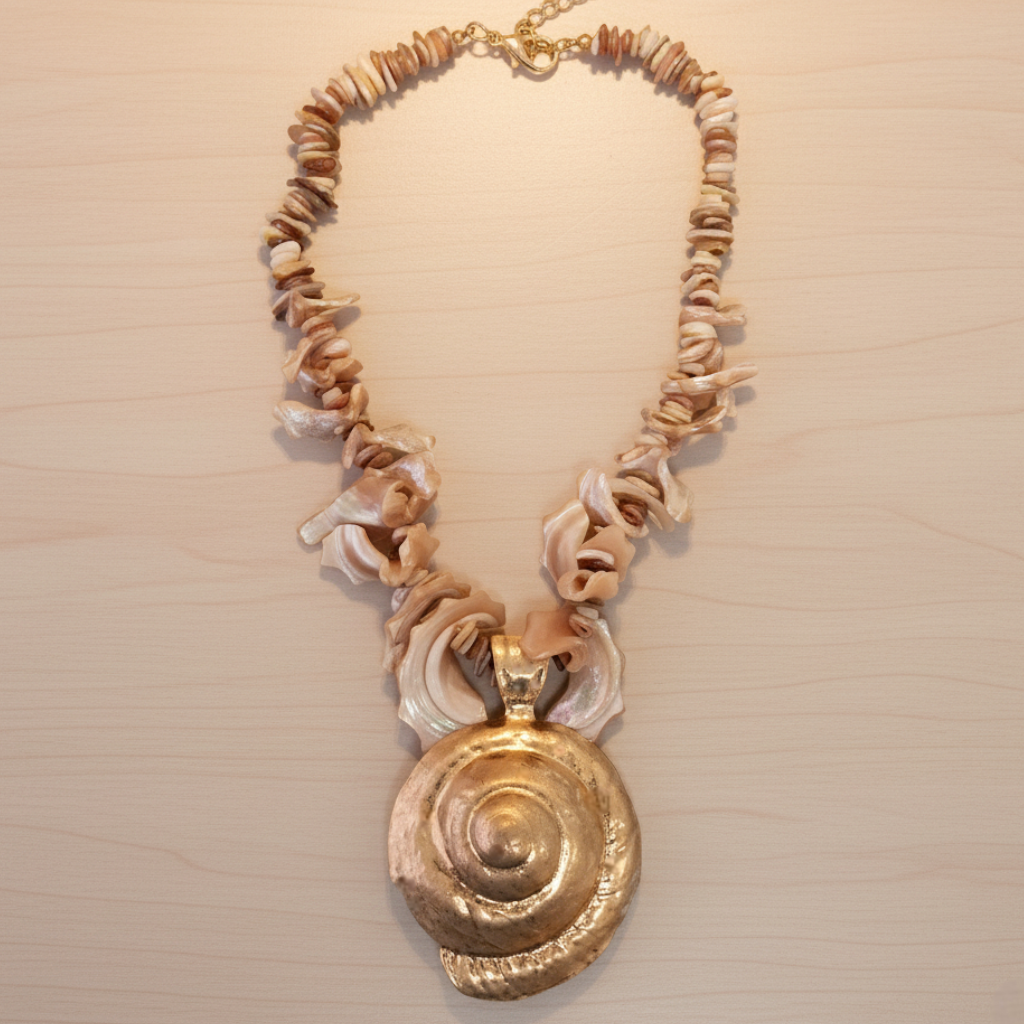 Chunky Spiral Seashell Necklace with Large Gold Shell Pendant