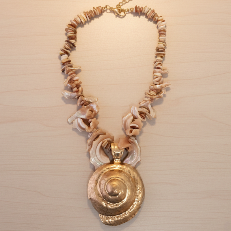 Chunky Spiral Seashell Necklace with Large Gold Shell Pendant
