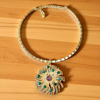 Sculpted Golden Sun Pendant Collar w/ Jewel Tone Accents