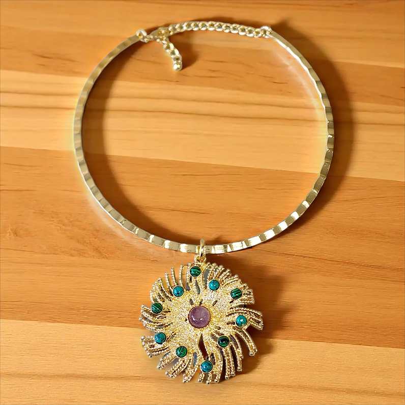 Sculpted Golden Sun Pendant Collar w/ Jewel Tone Accents